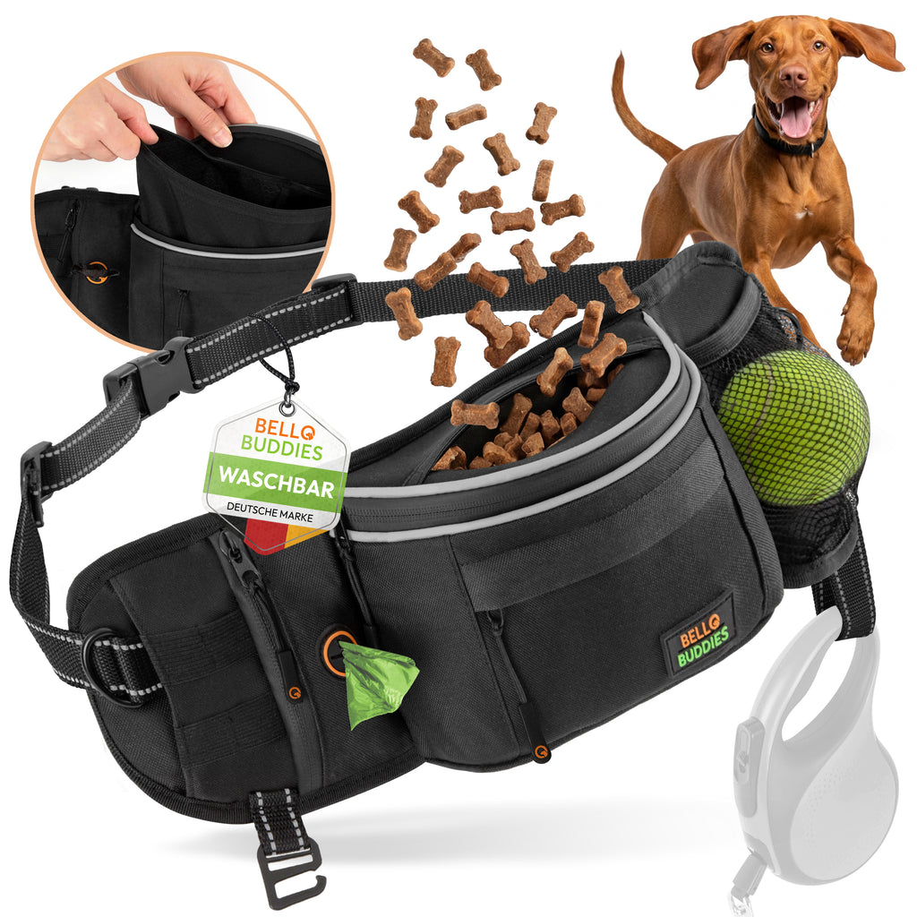 Bello Buddies® Leckerlitasche für Hunde I Bauchtasche mit Schnellzugriff inkl. wechselbarer Innentasche & Leinenhalter