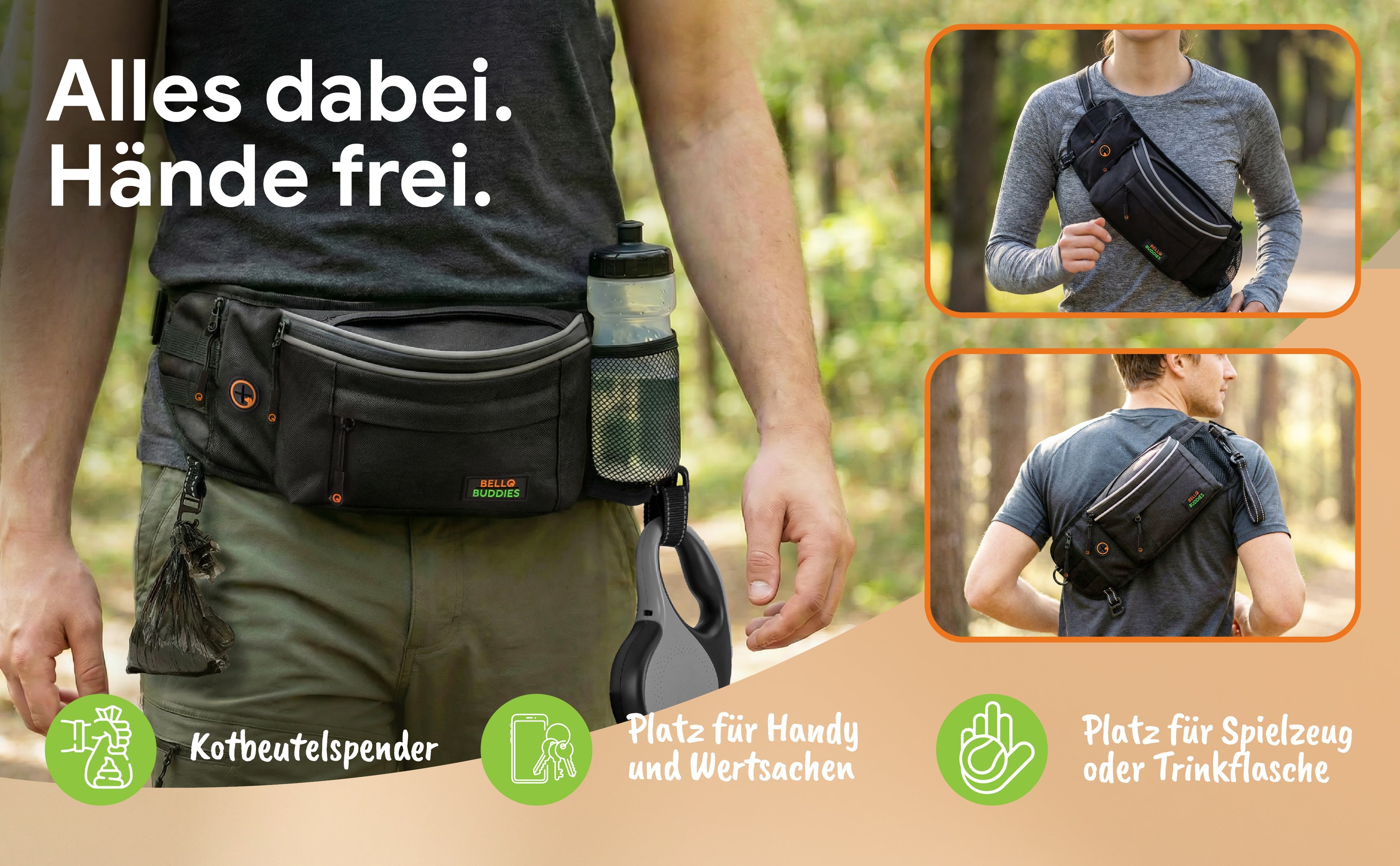 Bello Buddies® Leckerlitasche für Hunde I Bauchtasche mit Schnellzugriff inkl. wechselbarer Innentasche & Leinenhalter