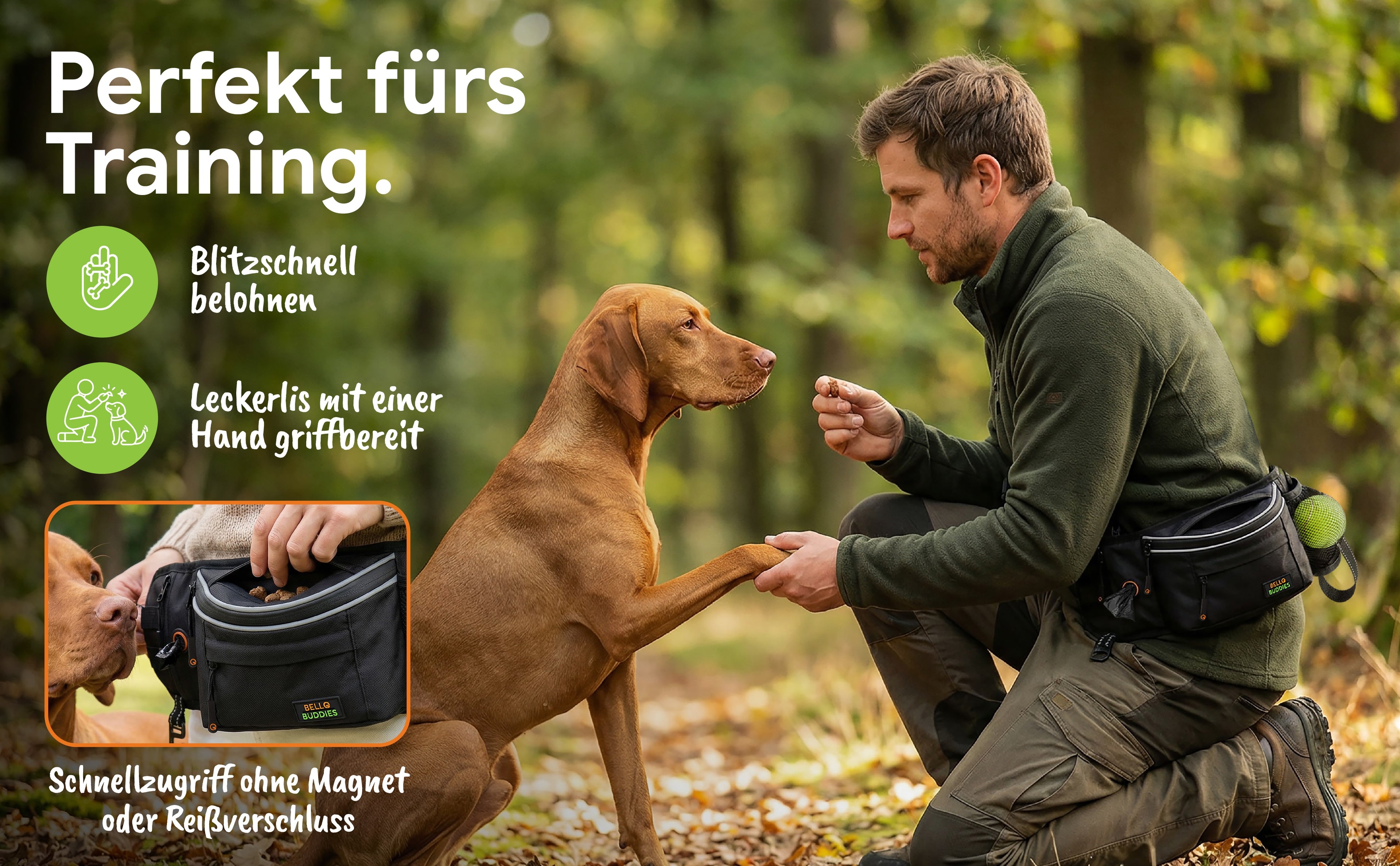 Bello Buddies® Leckerlitasche für Hunde I Bauchtasche mit Schnellzugriff inkl. wechselbarer Innentasche & Leinenhalter