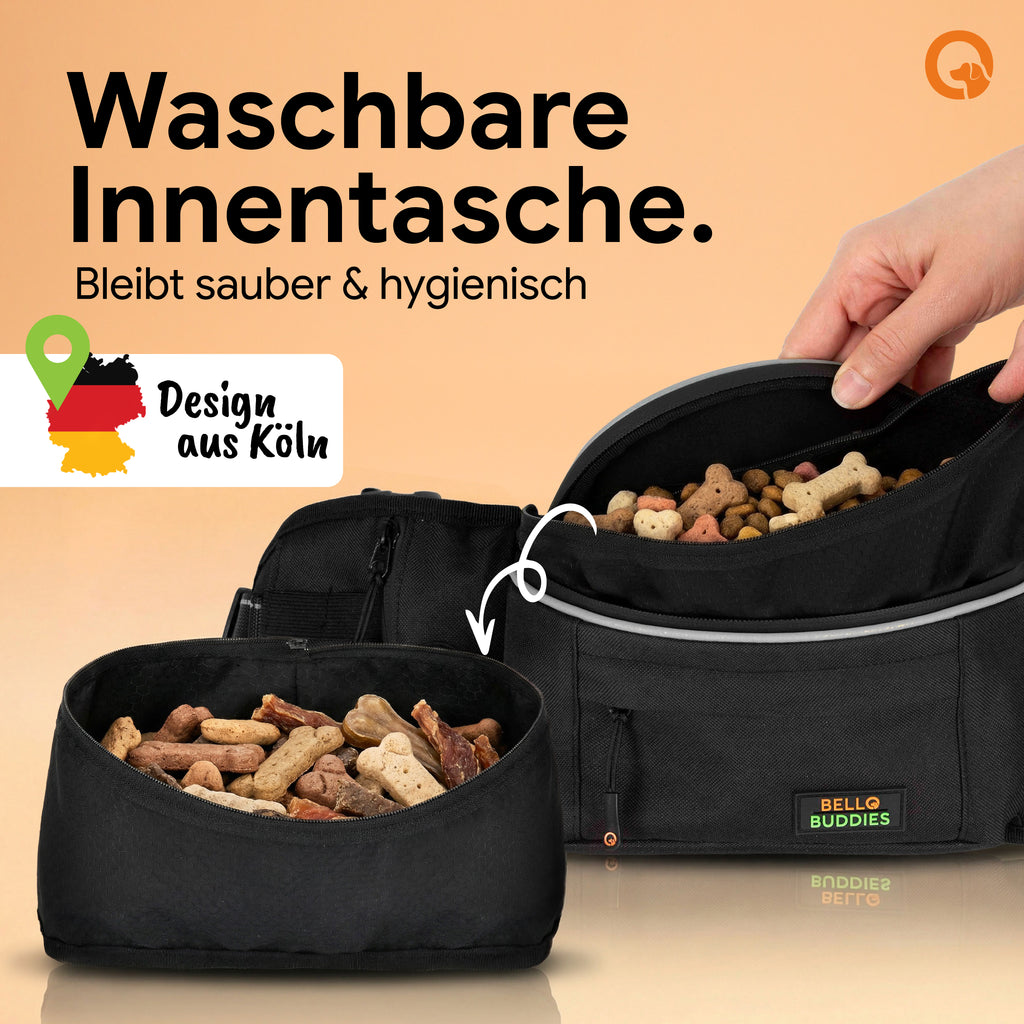Bello Buddies® Leckerlitasche für Hunde I Bauchtasche mit Schnellzugriff inkl. wechselbarer Innentasche & Leinenhalter