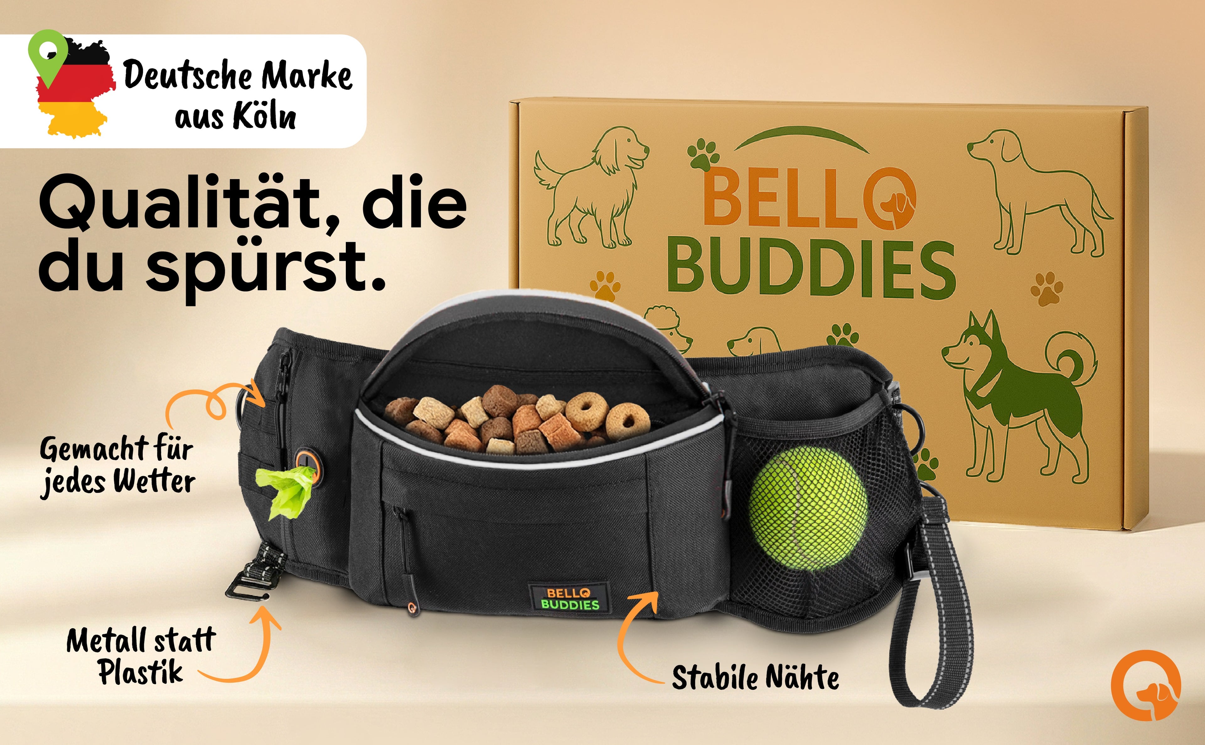 Bello Buddies® Leckerlitasche für Hunde I Bauchtasche mit Schnellzugriff inkl. wechselbarer Innentasche & Leinenhalter