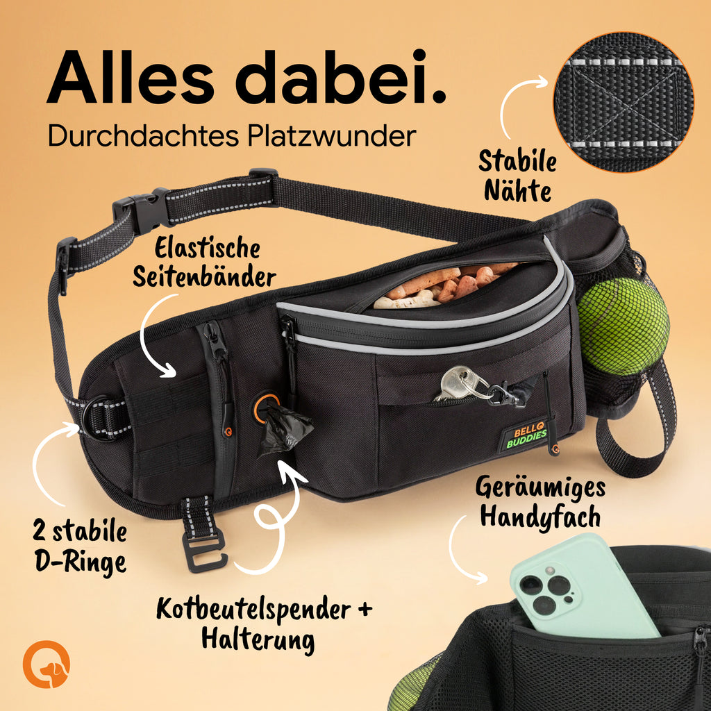 Bello Buddies® Leckerlitasche für Hunde I Bauchtasche mit Schnellzugriff inkl. wechselbarer Innentasche & Leinenhalter