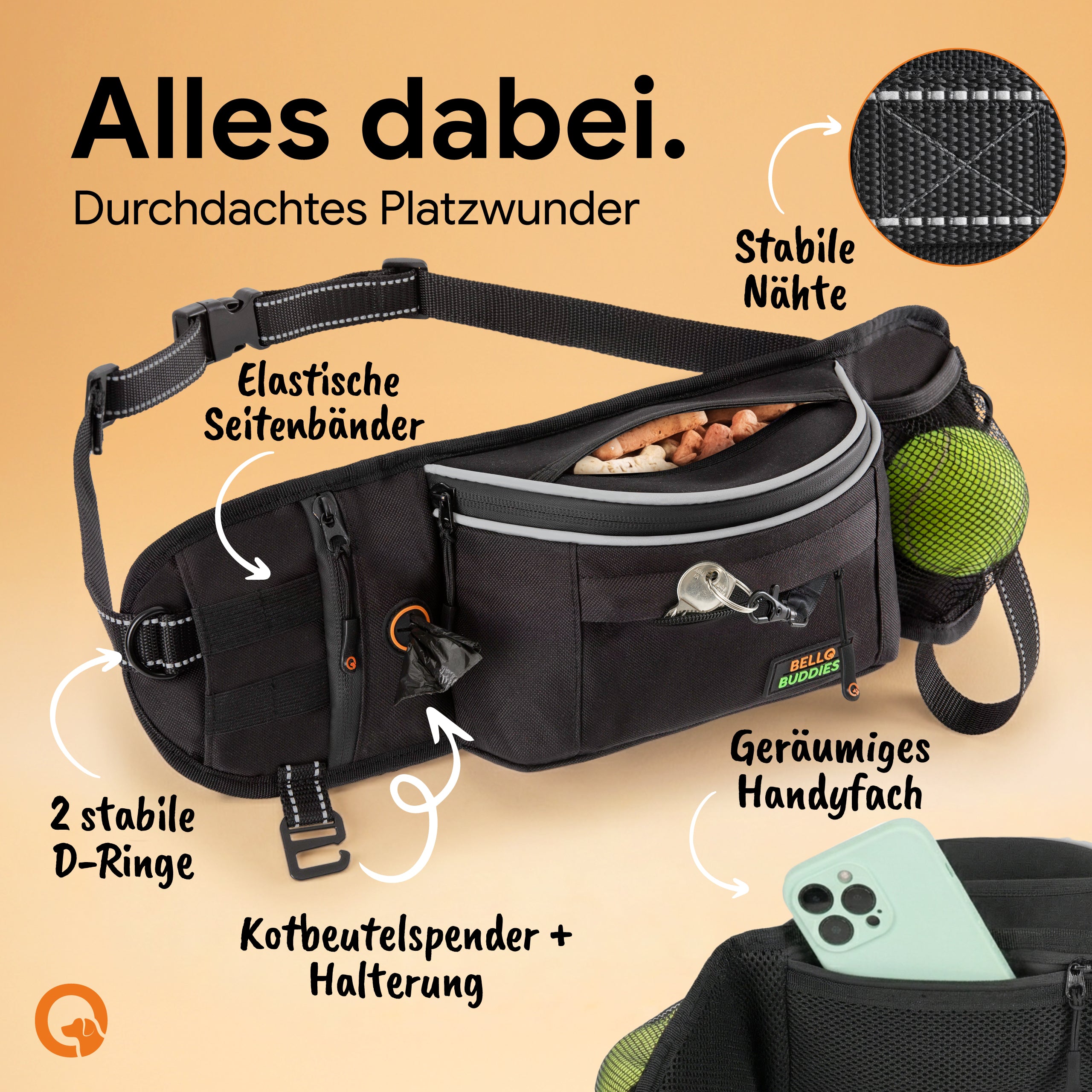 Bello Buddies® Leckerlitasche für Hunde I Bauchtasche mit Schnellzugriff inkl. wechselbarer Innentasche & Leinenhalter I Futterbeutel Hundetraining