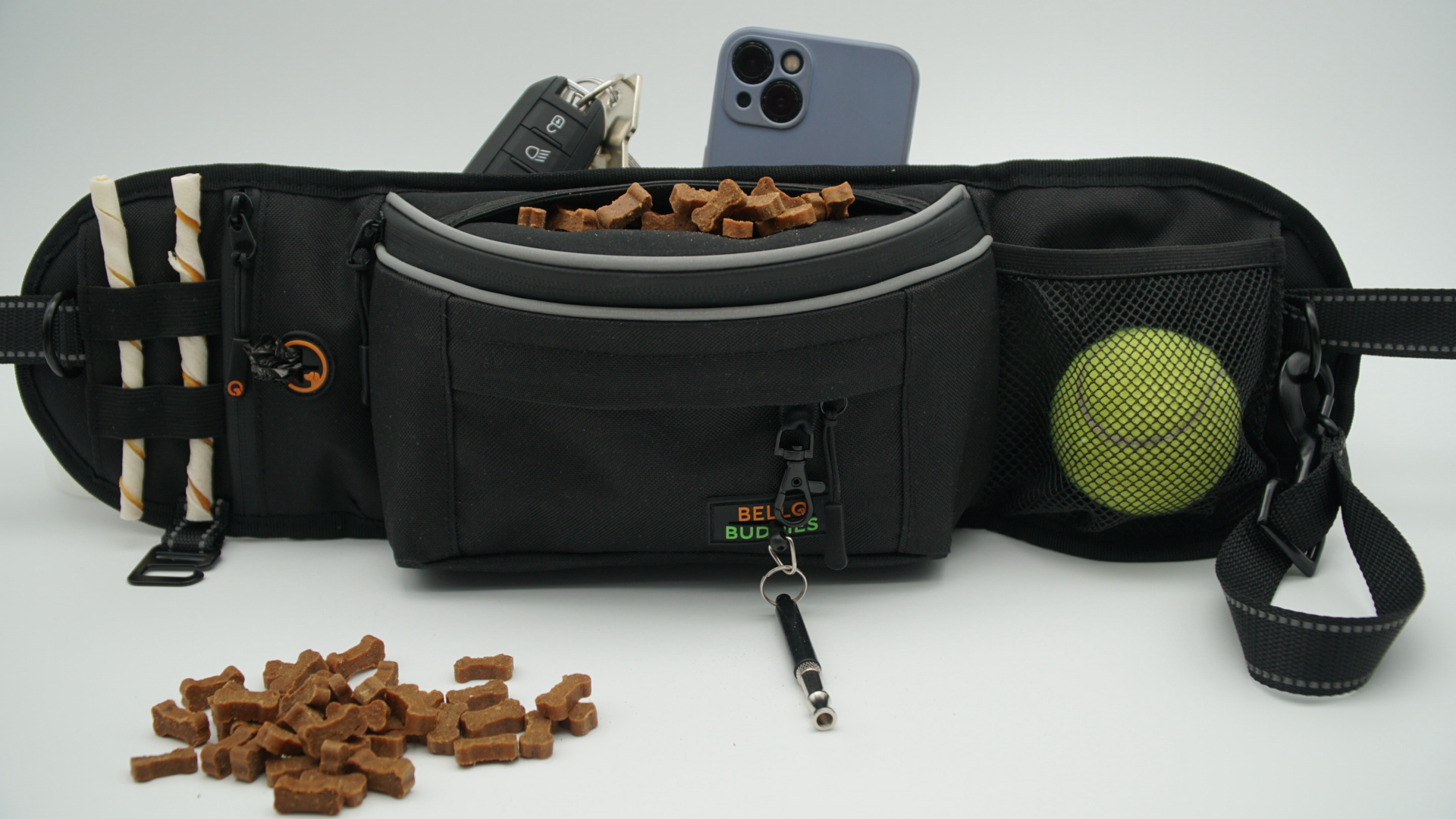 Bello Buddies® Leckerlitasche für Hunde I Bauchtasche mit Schnellzugriff inkl. wechselbarer Innentasche & Leinenhalter